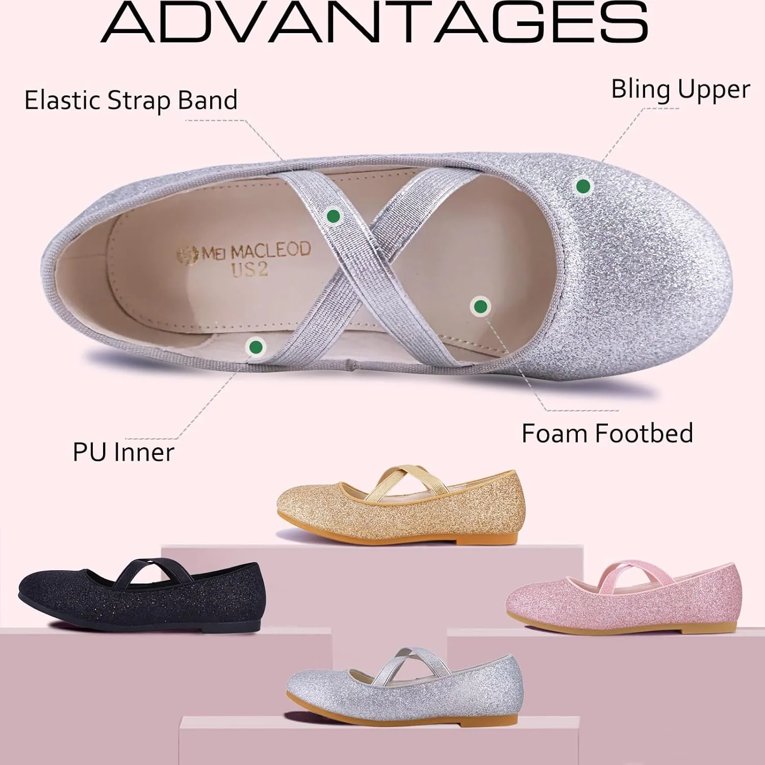 Mei MACLEOD Girl's Mary Jane Shoes Ballerina Shoes, Princess Dress Shoes for Party Wedding