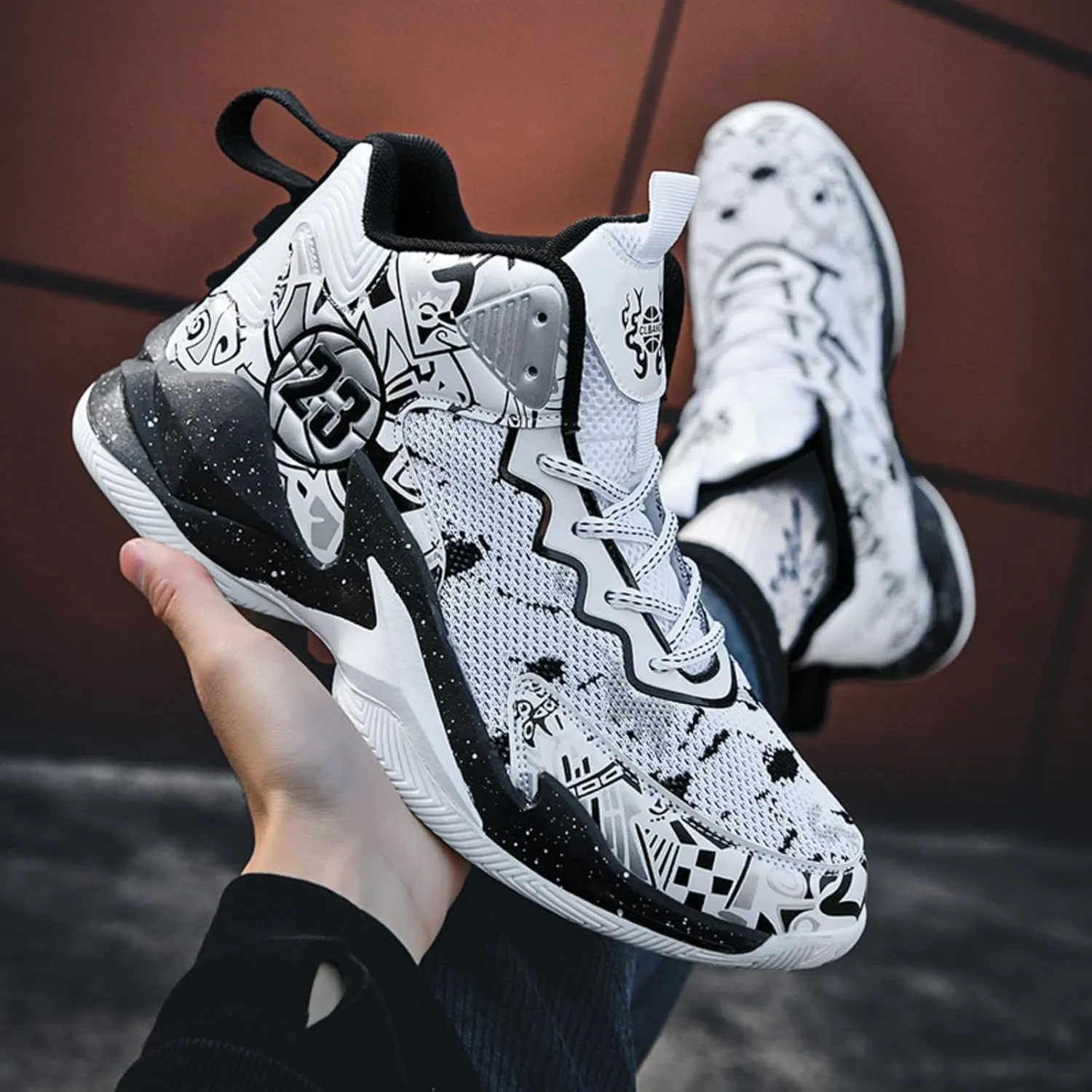 Mens Breathable Lace Up Fashion Basketball Shoes Soft High Top Running Shoes Classical Non-Slip Train Sport Sneakers