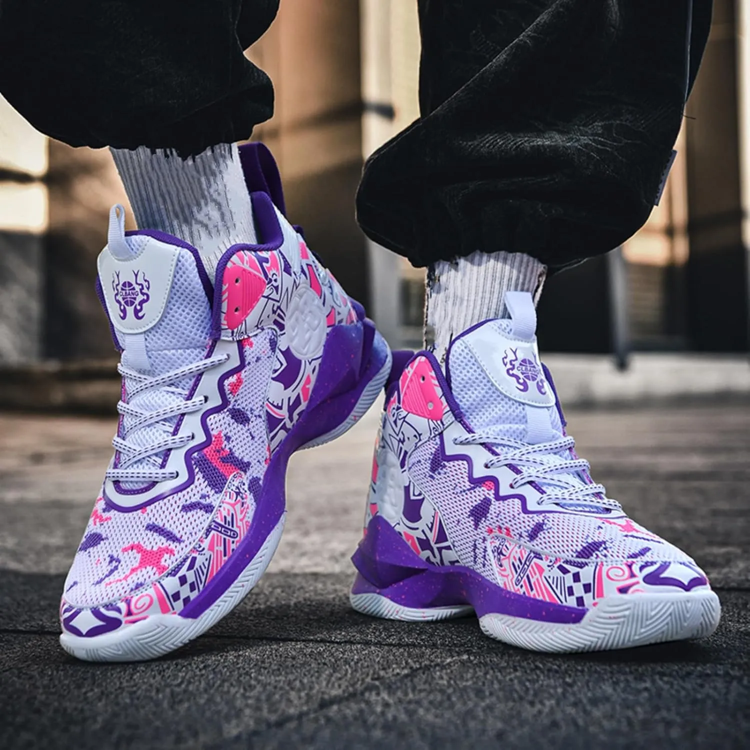 Mens Breathable Lace Up Fashion Basketball Shoes Soft High Top Running Shoes Classical Non-Slip Train Sport Sneakers