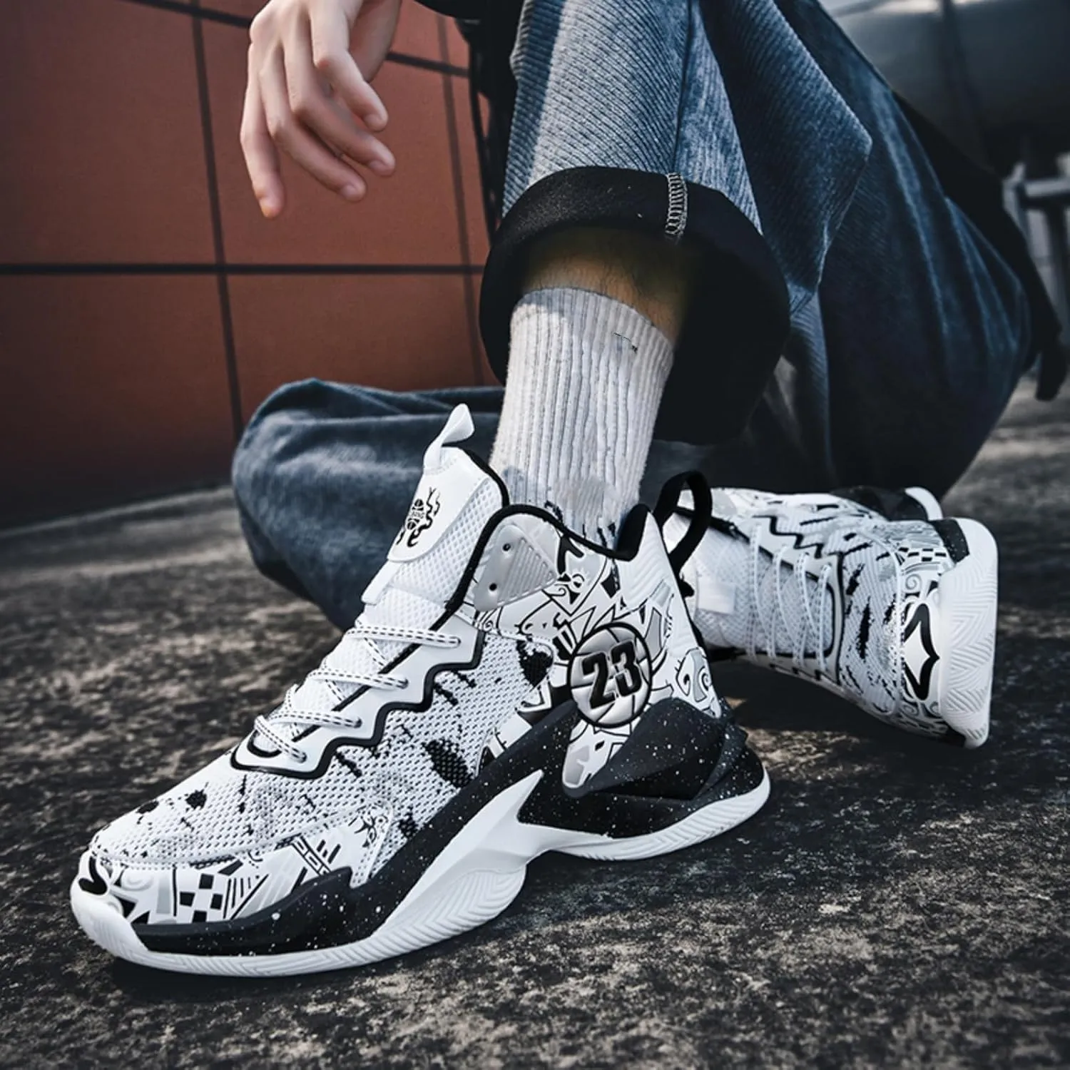 Mens Breathable Lace Up Fashion Basketball Shoes Soft High Top Running Shoes Classical Non-Slip Train Sport Sneakers