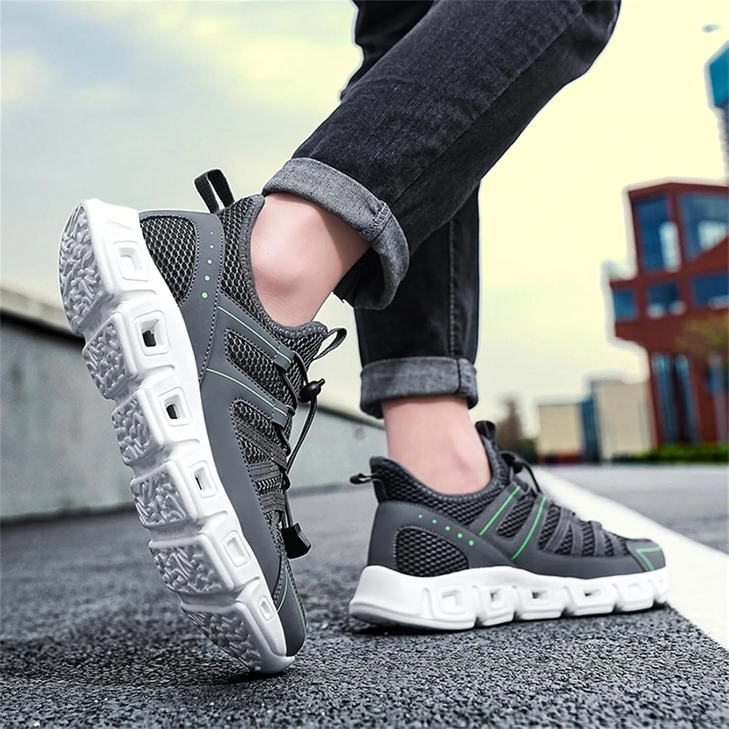Mens Breathable Mesh Slip-On Fashion Sneakers with Elastic Band Lightweight Soft Sole Trail Running Shoes Walking Sports Shoes
