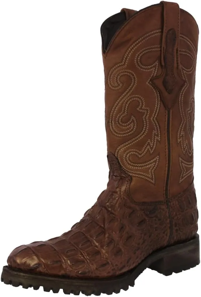 Mens Brown Leather Motorcycle Boots Crocodile Back Cut Print Round Toe