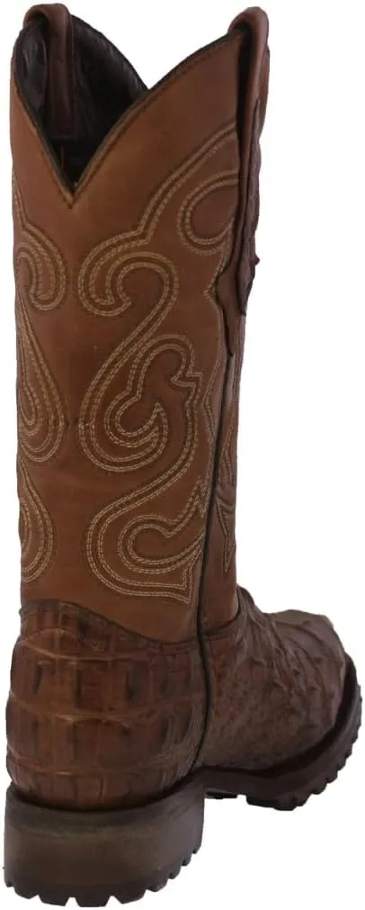 Mens Brown Leather Motorcycle Boots Crocodile Back Cut Print Round Toe