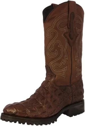 Mens Brown Leather Motorcycle Boots Crocodile Back Cut Print Round Toe