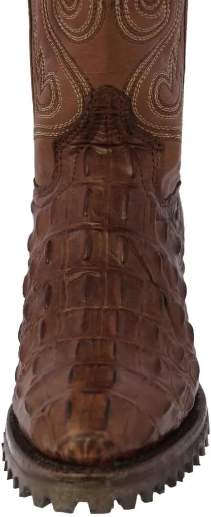 Mens Brown Leather Motorcycle Boots Crocodile Back Cut Print Round Toe
