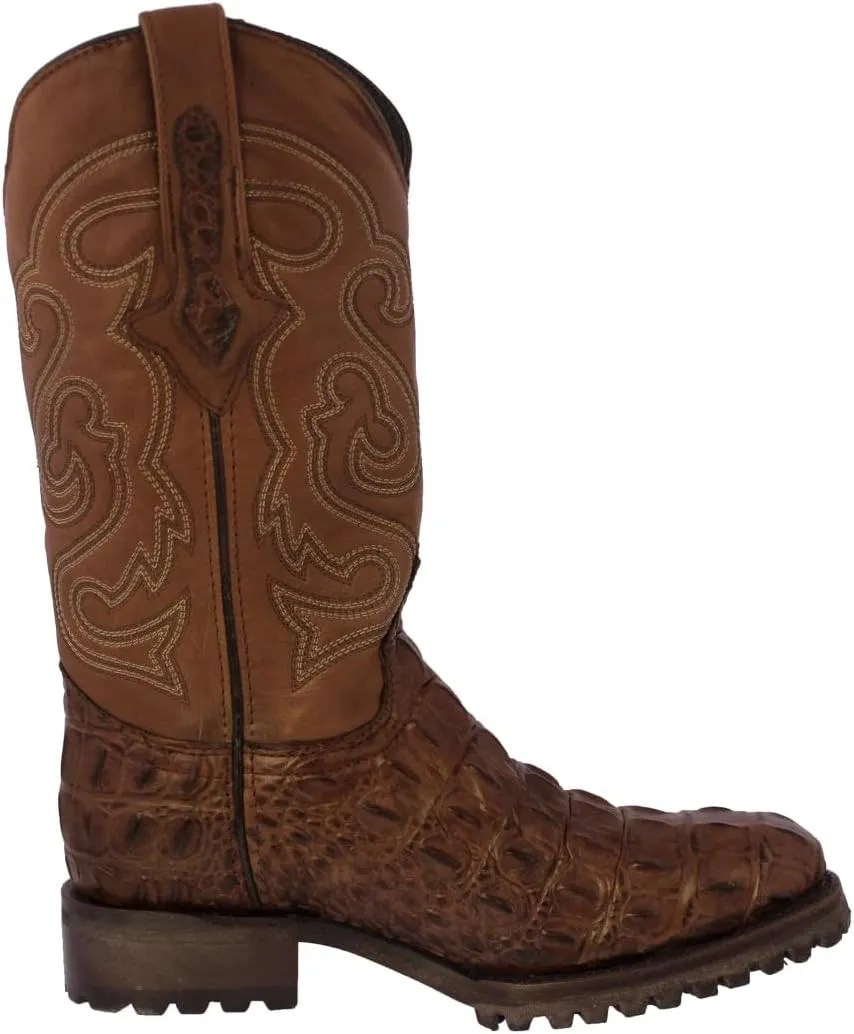 Mens Brown Leather Motorcycle Boots Crocodile Back Cut Print Round Toe