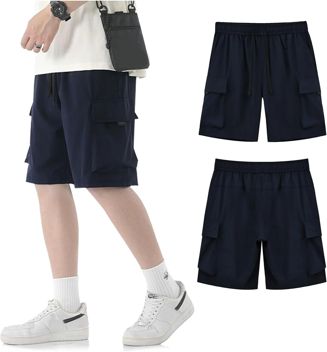 Men’s Cargo Shorts Loose-Fit Summer Drawstring Quick Dry Stretch Athletic Hiking Running Workout Shorts with Pockets