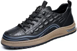 Men's Cowhide Lace Up Height Increasing Sneakers Fashion Crocodile Pattern Comfortable Slip-on Platform Waterproof Anti-Slip Casual Oxfords for Walking Business Working Office Driving