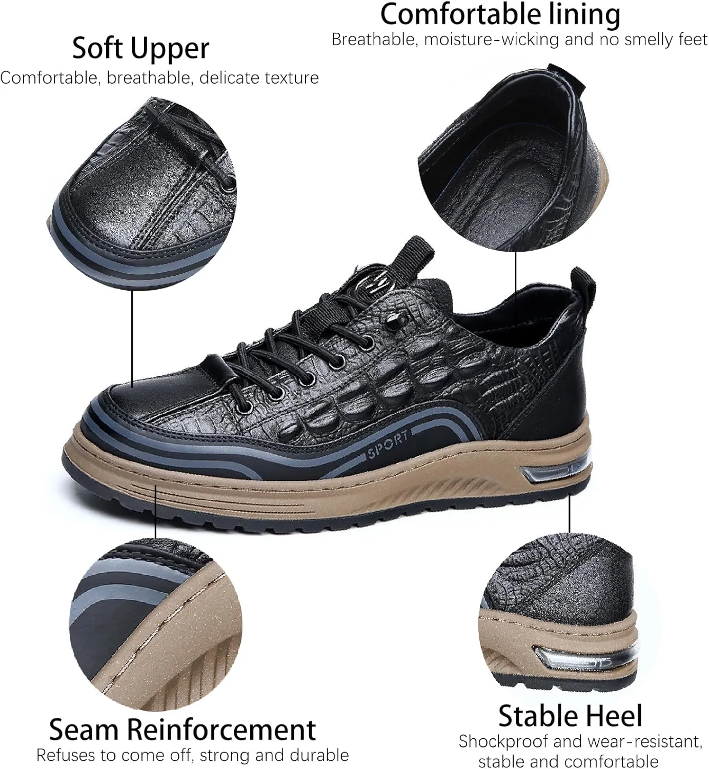 Men's Cowhide Lace Up Height Increasing Sneakers Fashion Crocodile Pattern Comfortable Slip-on Platform Waterproof Anti-Slip Casual Oxfords for Walking Business Working Office Driving