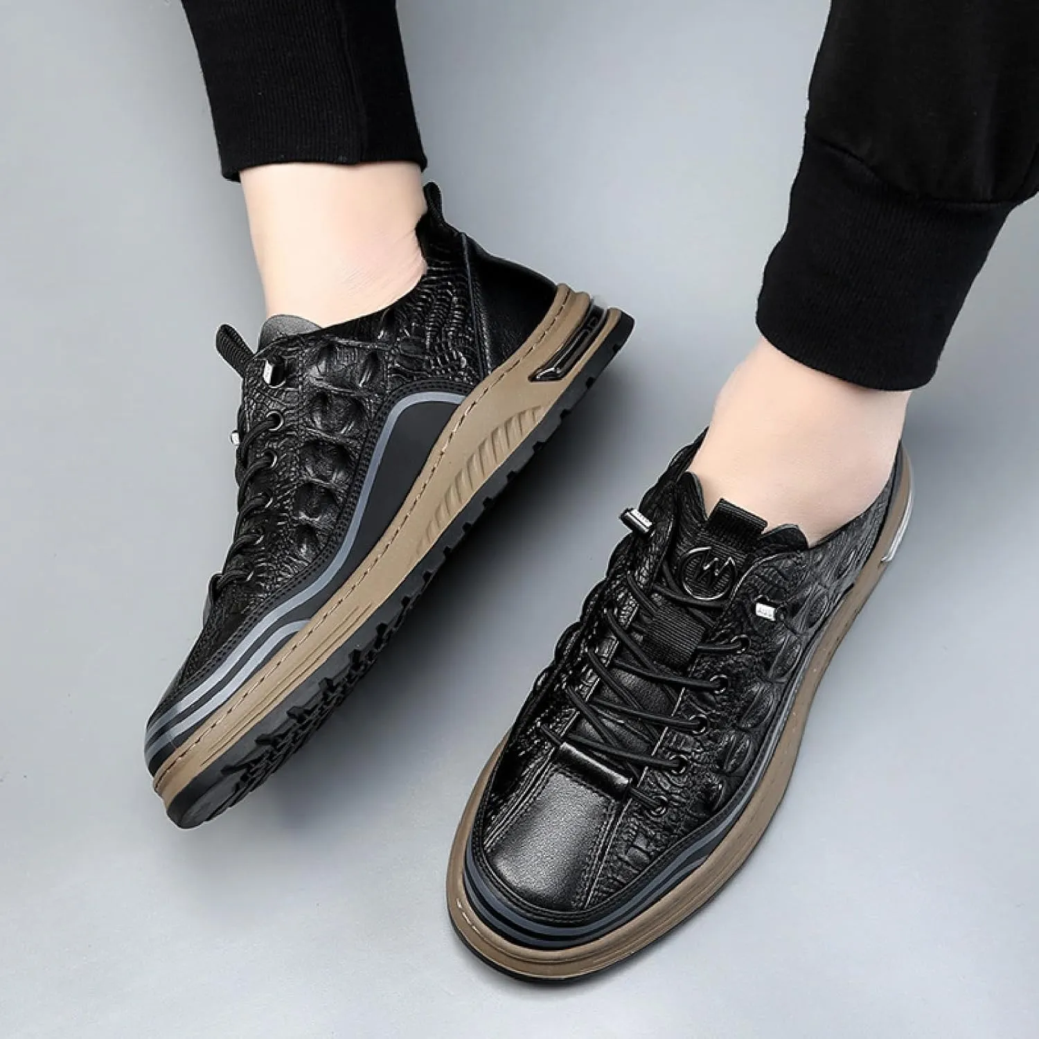 Men's Cowhide Lace Up Height Increasing Sneakers Fashion Crocodile Pattern Comfortable Slip-on Platform Waterproof Anti-Slip Casual Oxfords for Walking Business Working Office Driving