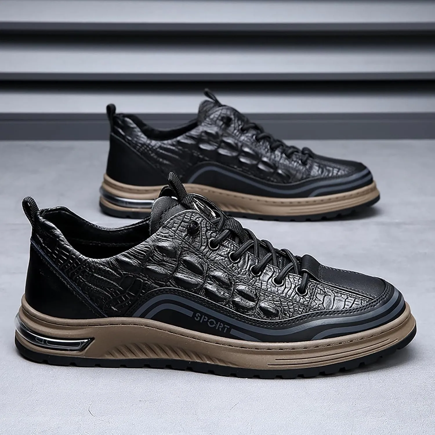 Men's Cowhide Lace Up Height Increasing Sneakers Fashion Crocodile Pattern Comfortable Slip-on Platform Waterproof Anti-Slip Casual Oxfords for Walking Business Working Office Driving