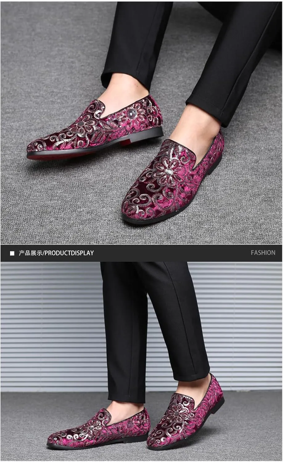 Mens Fashion Embroidered Sequins Dress Loafers Luxury Slip-on Velvet Smoking Slippers Plus Size Party Dancing Wedding Business Shoes