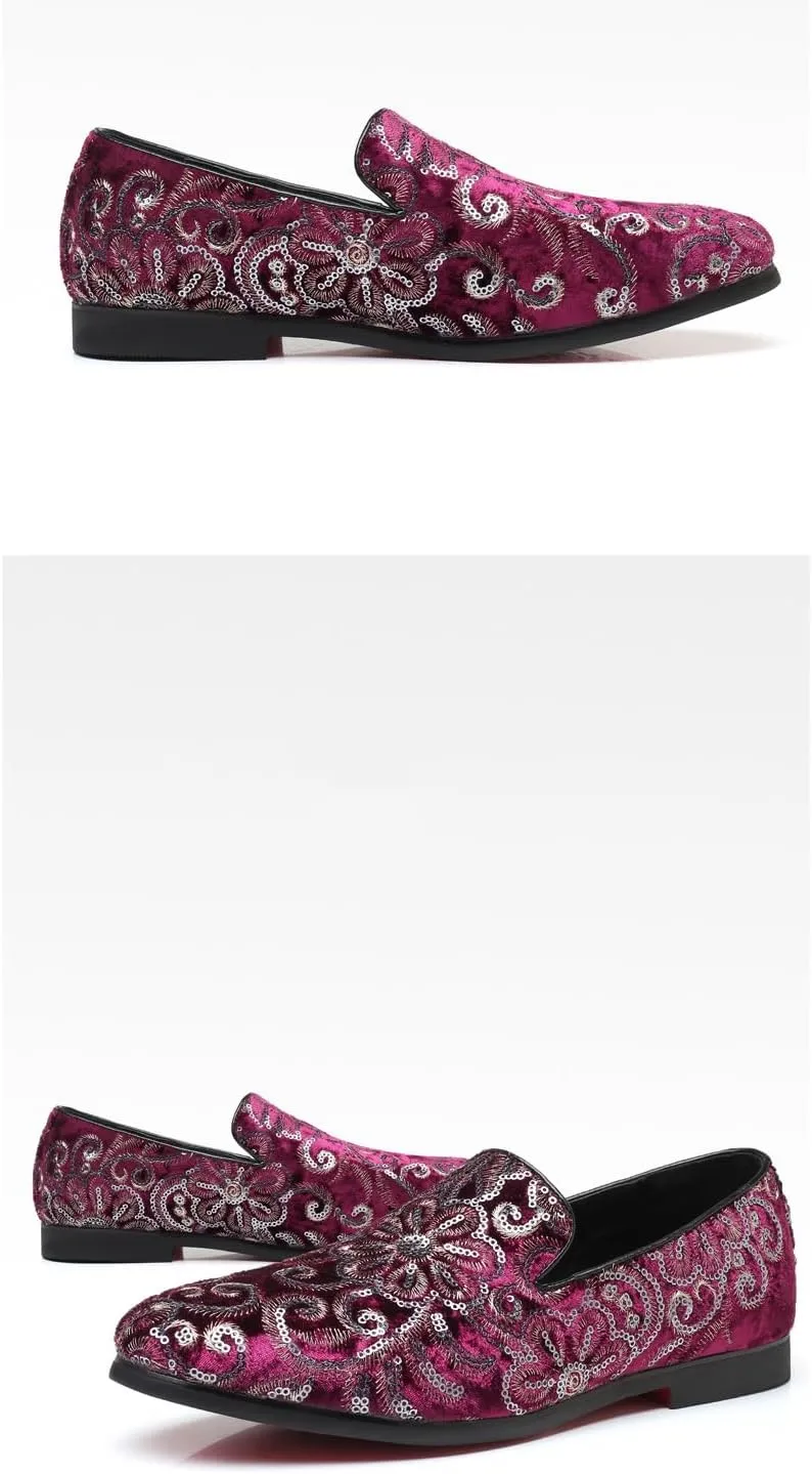 Mens Fashion Embroidered Sequins Dress Loafers Luxury Slip-on Velvet Smoking Slippers Plus Size Party Dancing Wedding Business Shoes