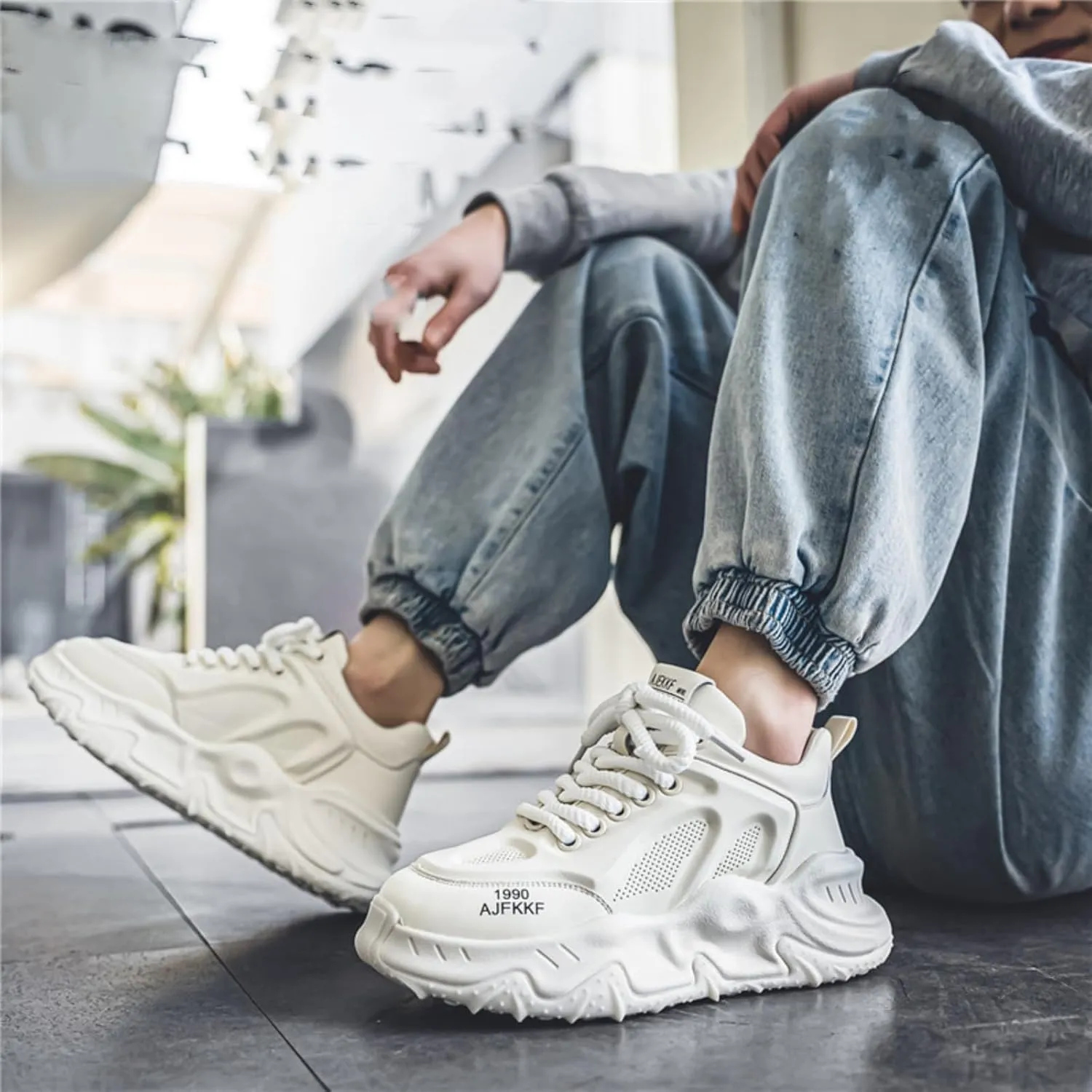 Men's Fashion Leather Lace Up Platform Sneakers Classic Round Toe Non-Slip Chunky Sport Shoes Tennis Driving Walking Shoes