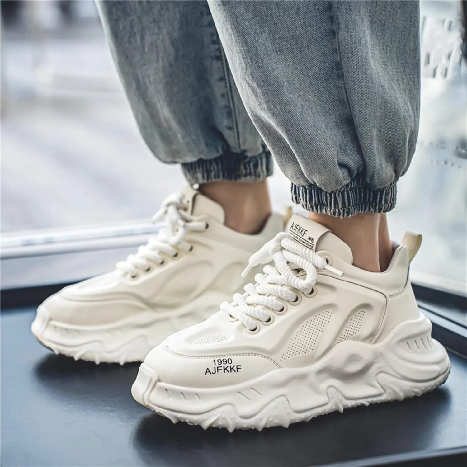 Men's Fashion Leather Lace Up Platform Sneakers Classic Round Toe Non-Slip Chunky Sport Shoes Tennis Driving Walking Shoes