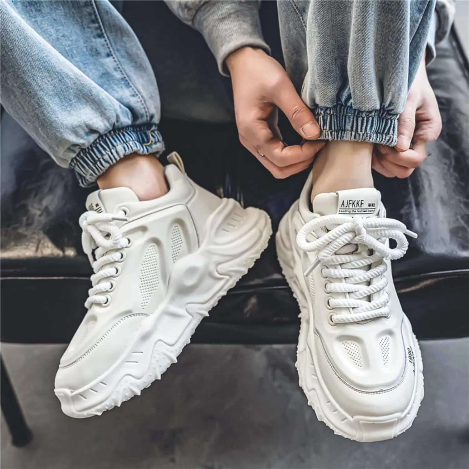 Men's Fashion Leather Lace Up Platform Sneakers Classic Round Toe Non-Slip Chunky Sport Shoes Tennis Driving Walking Shoes