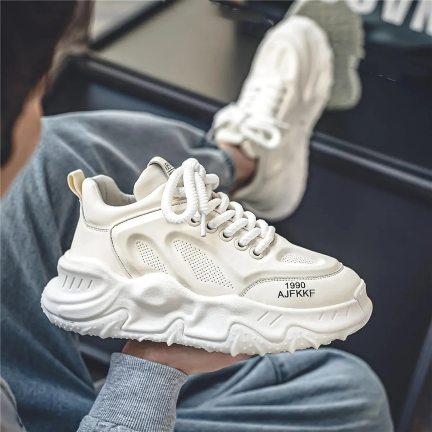 Men's Fashion Leather Lace Up Platform Sneakers Classic Round Toe Non-Slip Chunky Sport Shoes Tennis Driving Walking Shoes