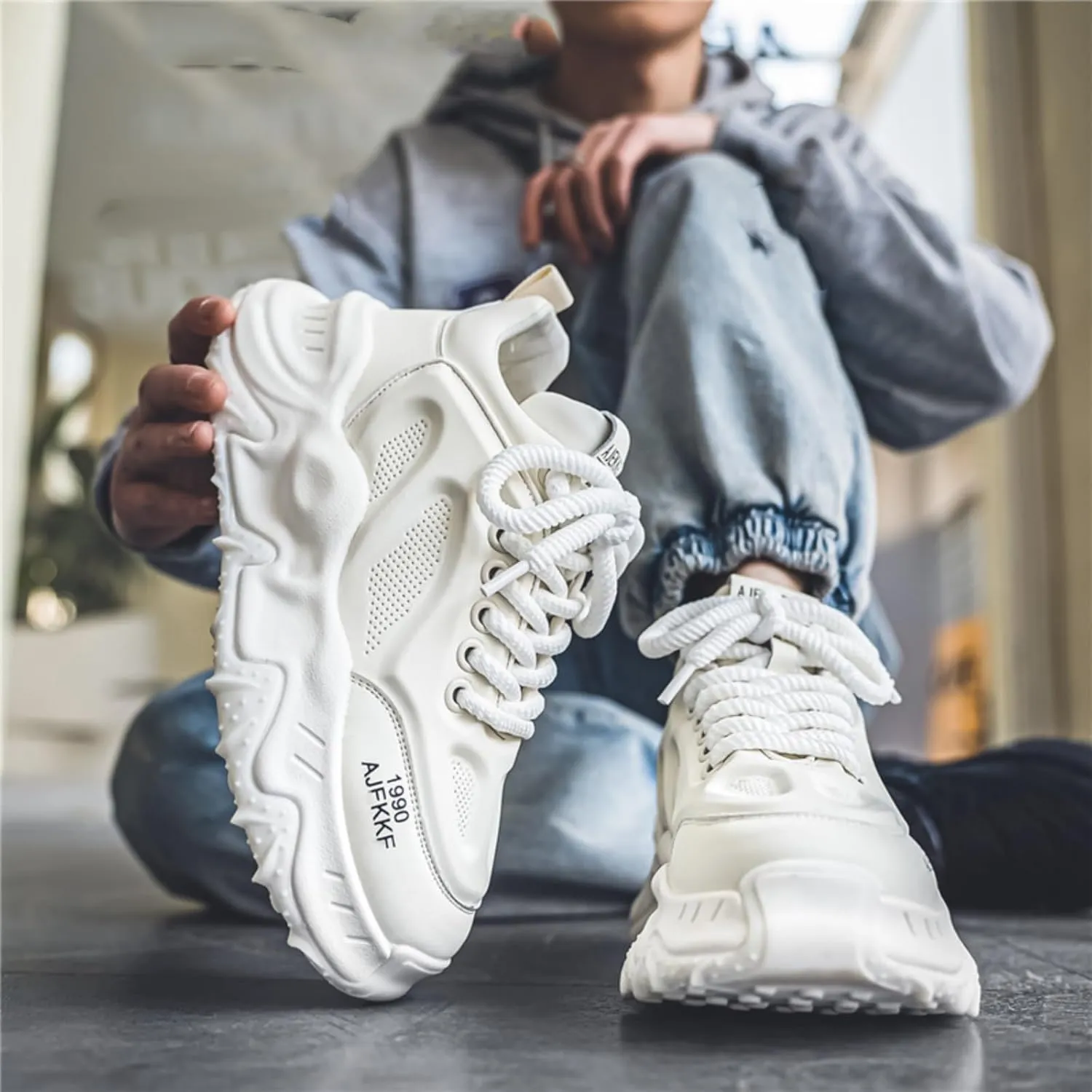 Men's Fashion Leather Lace Up Platform Sneakers Classic Round Toe Non-Slip Chunky Sport Shoes Tennis Driving Walking Shoes
