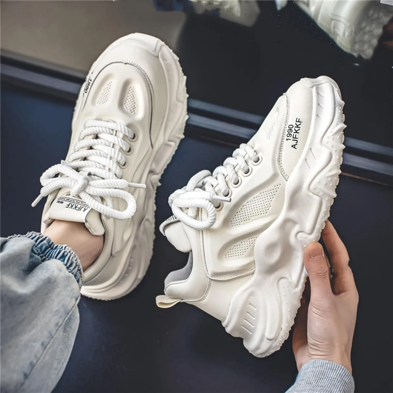 Men's Fashion Leather Lace Up Platform Sneakers Classic Round Toe Non-Slip Chunky Sport Shoes Tennis Driving Walking Shoes