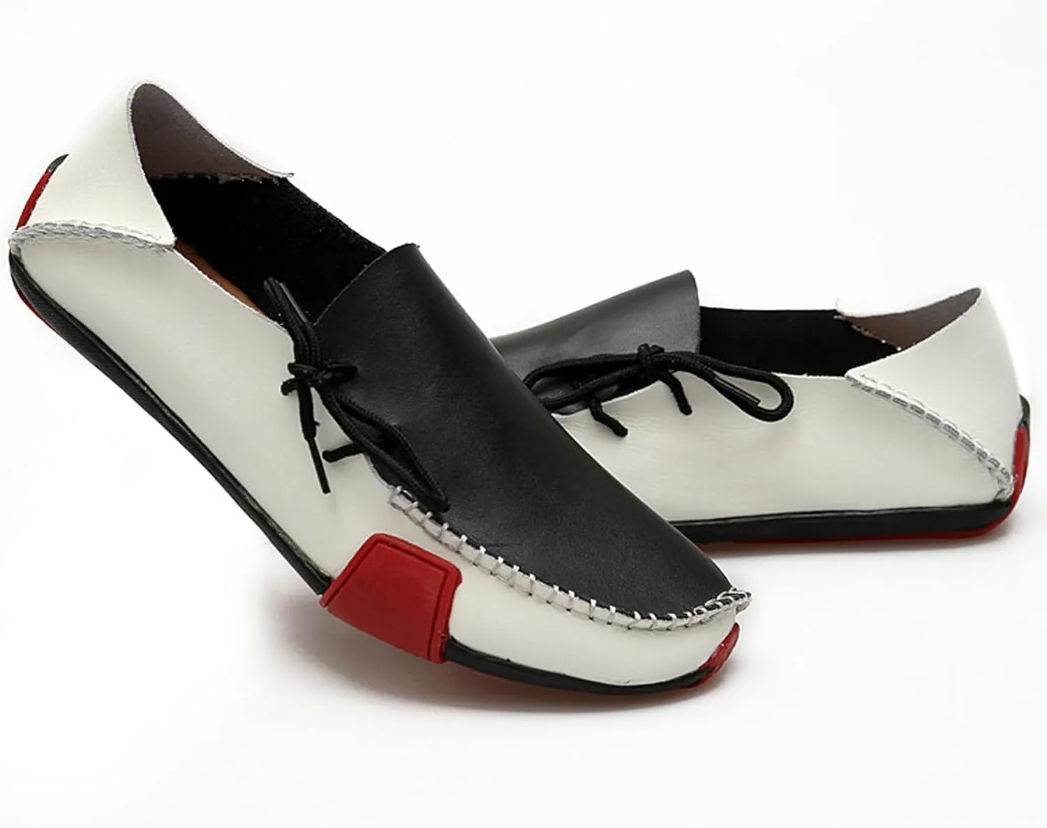 Men's Leather Flat Casual Driving Loafers with Side Laces Comfort Classic Round Toe Non-Slip Business Moccasin Walking Boat Shoes for Work Outdoor