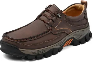 Men's Leather Waterproof Platform Hiking Shoes Retro Comfortable Arch Support Lace Up Casual Sneakers Outdoor Anti-Slip Trailing Camping Walking Shoes