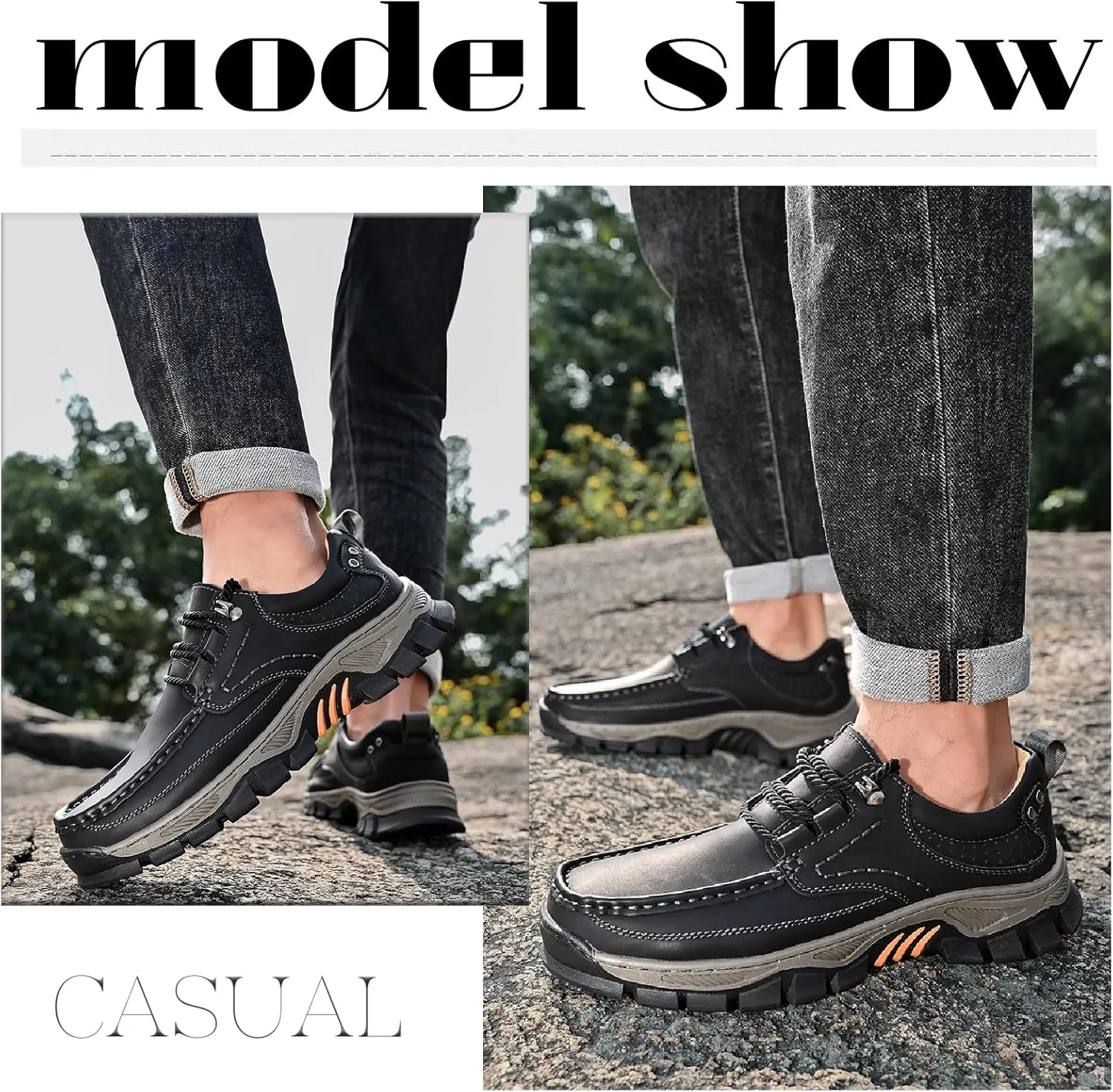 Men's Leather Waterproof Platform Hiking Shoes Retro Comfortable Arch Support Lace Up Casual Sneakers Outdoor Anti-Slip Trailing Camping Walking Shoes