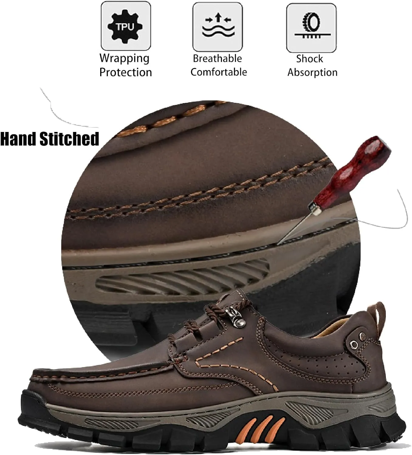 Men's Leather Waterproof Platform Hiking Shoes Retro Comfortable Arch Support Lace Up Casual Sneakers Outdoor Anti-Slip Trailing Camping Walking Shoes