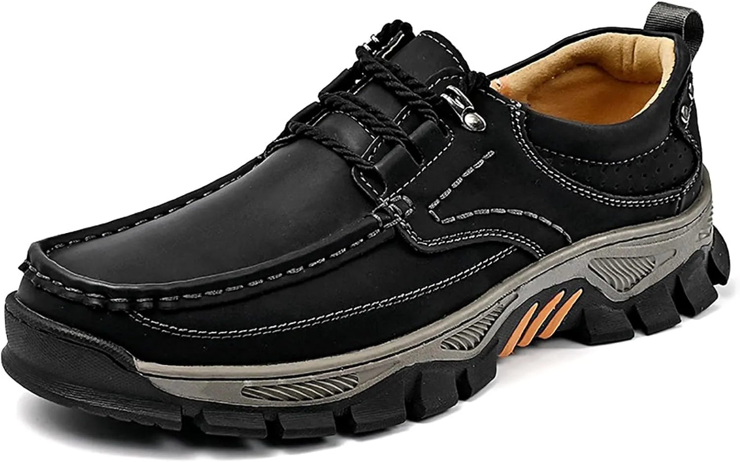 Men's Leather Waterproof Platform Hiking Shoes Retro Comfortable Arch Support Lace Up Casual Sneakers Outdoor Anti-Slip Trailing Camping Walking Shoes