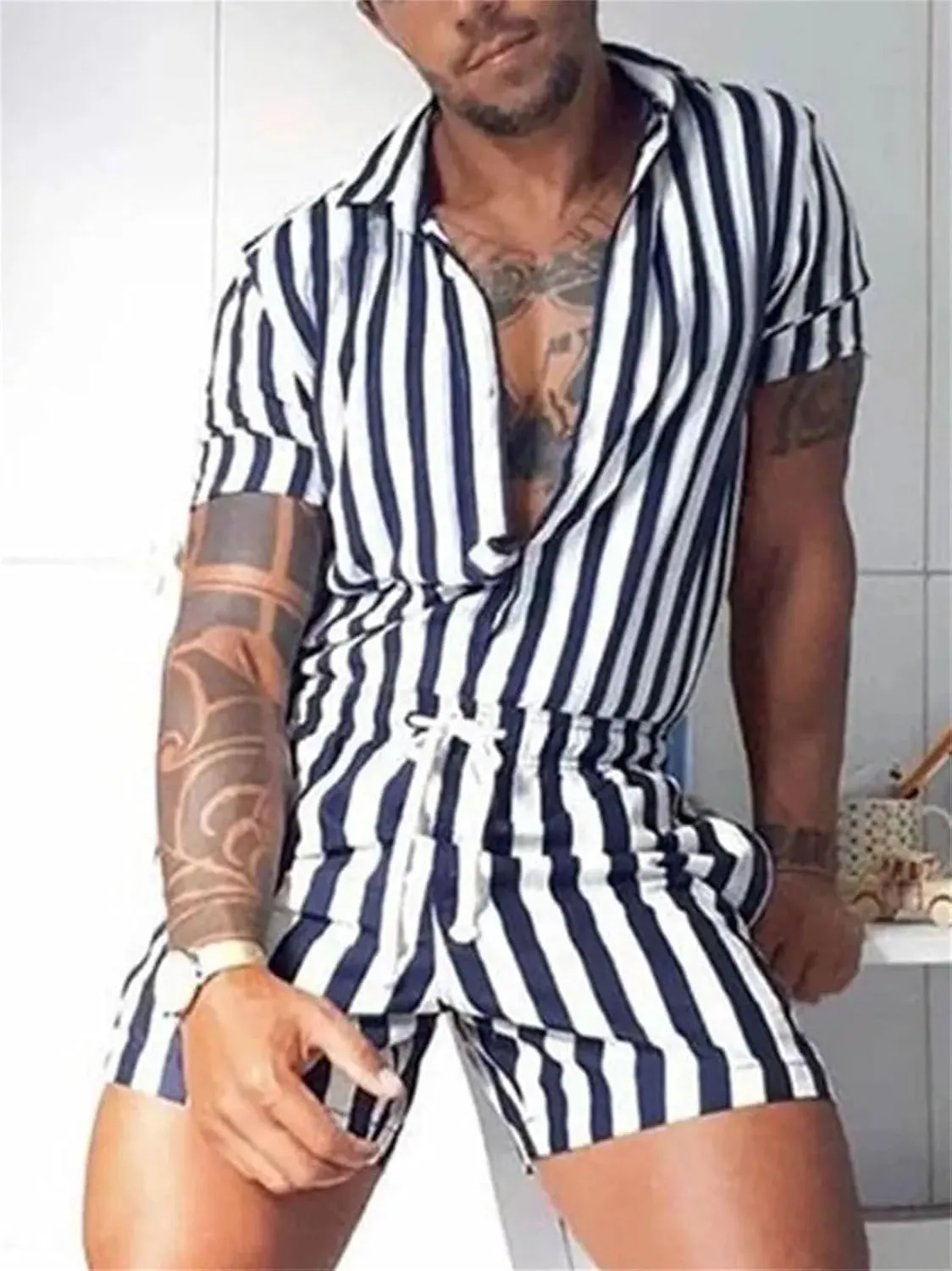 Men's Striped Romper Jumpsuit, Button-Up Short Sleeve Playsuit Streetwear