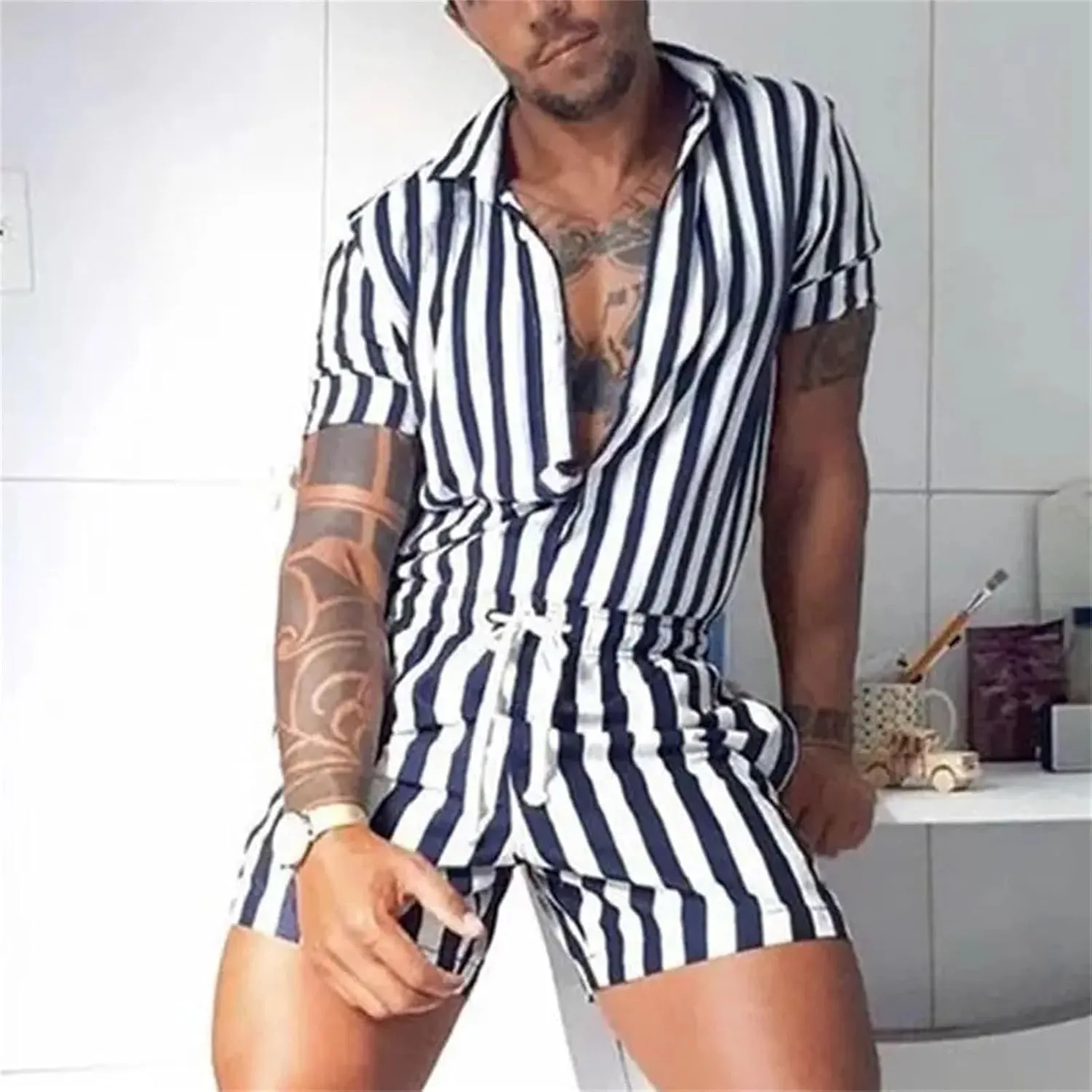 Men's Striped Romper Jumpsuit, Button-Up Short Sleeve Playsuit Streetwear