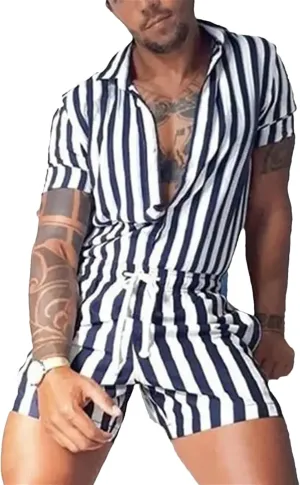 Men's Striped Romper Jumpsuit, Button-Up Short Sleeve Playsuit Streetwear