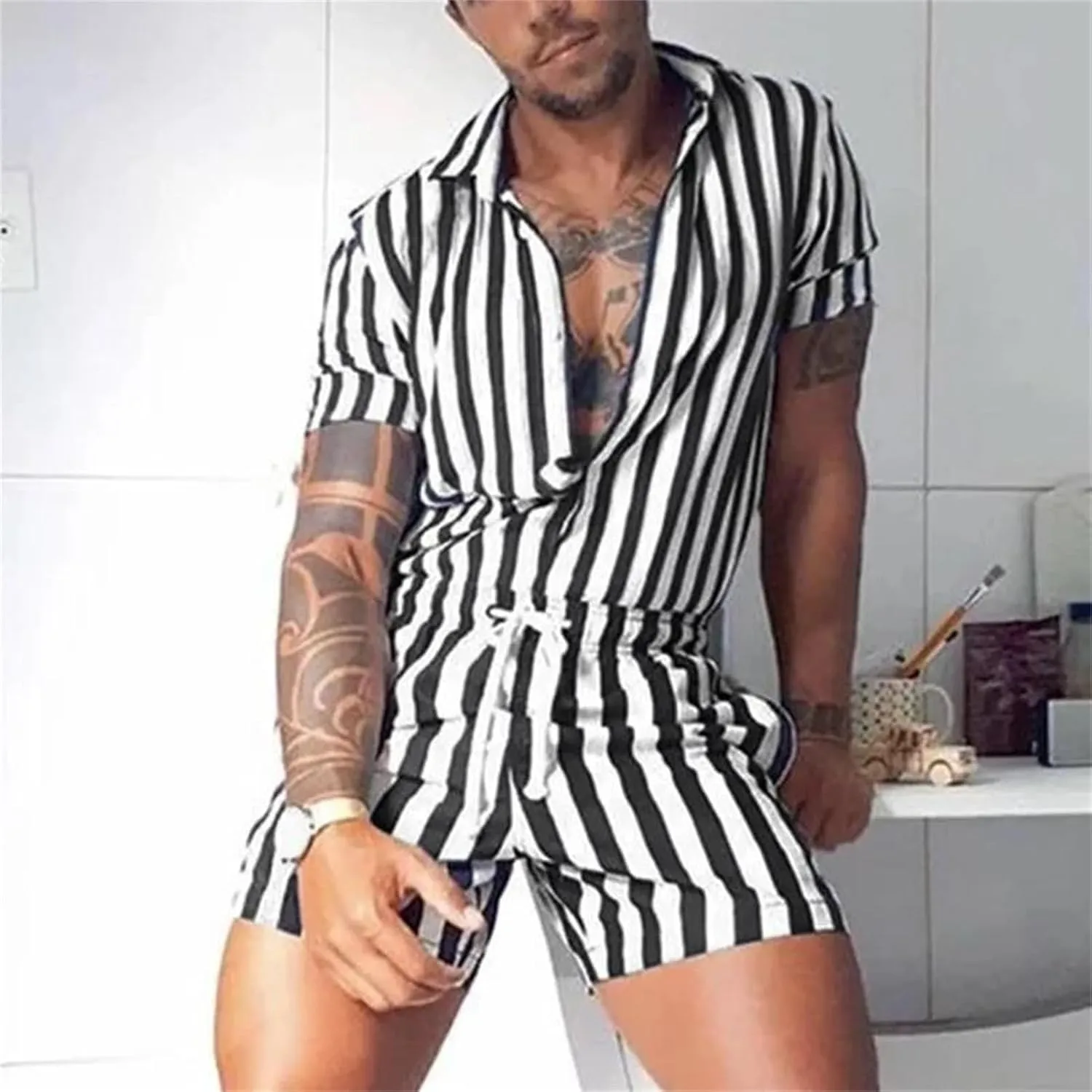 Men's Striped Romper Jumpsuit, Button-Up Short Sleeve Playsuit Streetwear