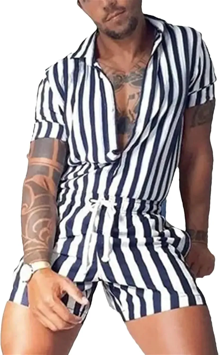 Men's Striped Romper Jumpsuit, Button-Up Short Sleeve Playsuit Streetwear