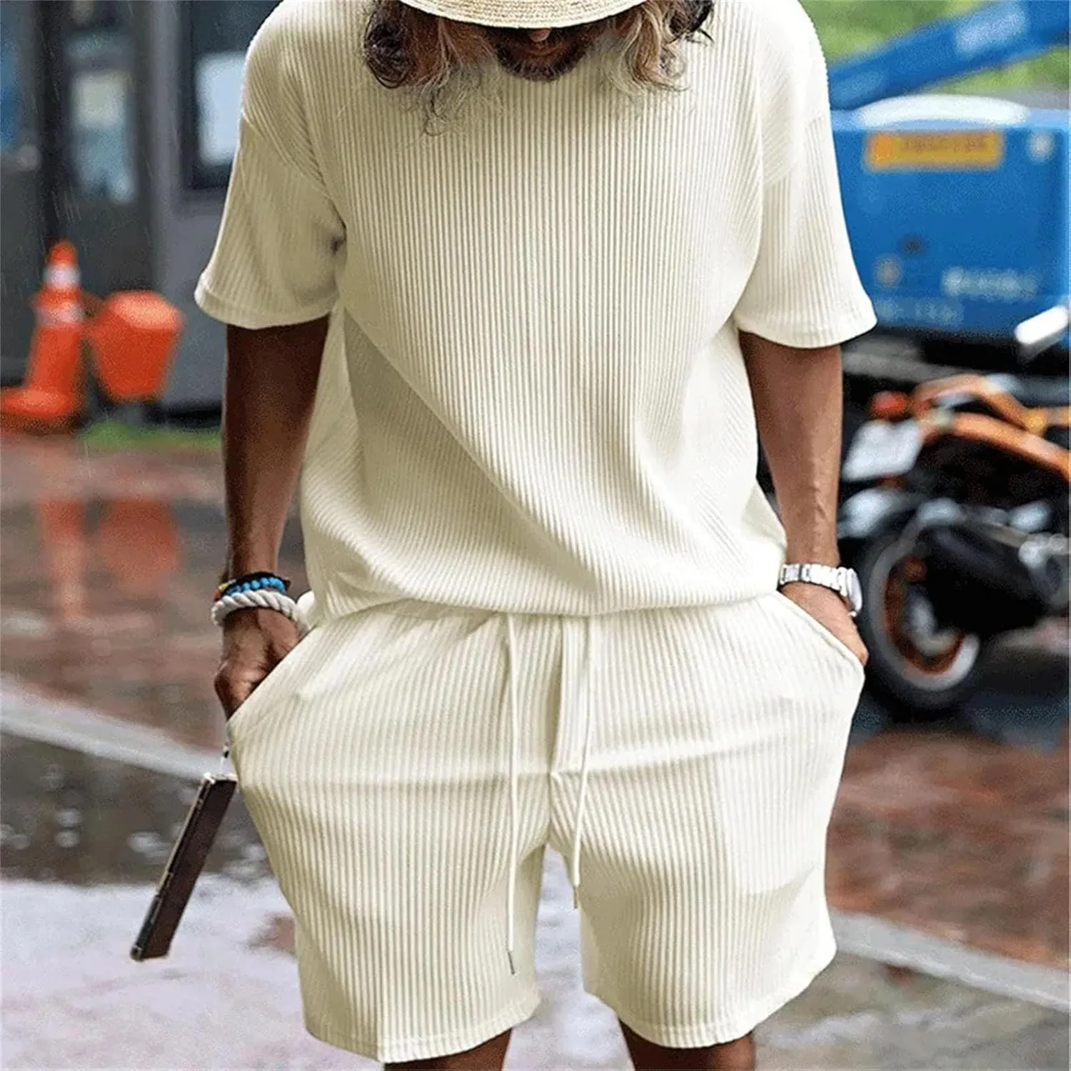 Men's Striped Sportswear Set, Crew Neck Short Sleeve & Drawstring Shorts
