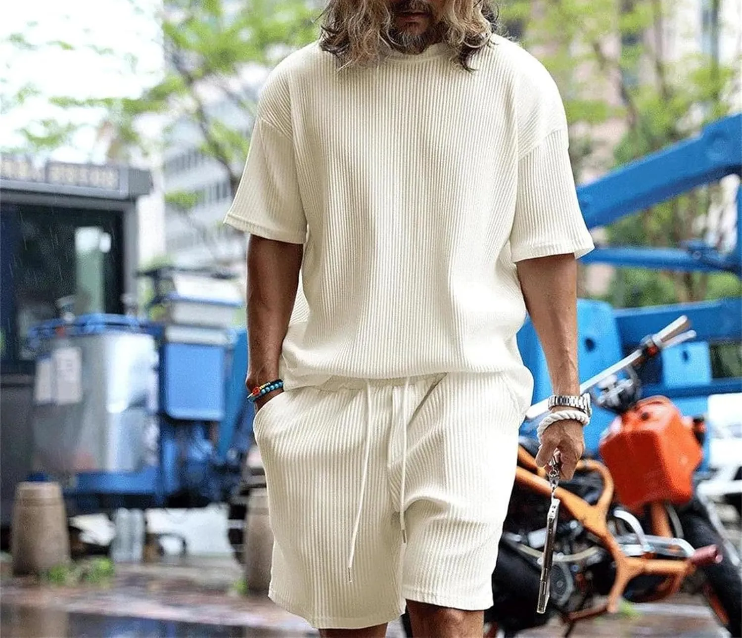 Men's Striped Sportswear Set, Crew Neck Short Sleeve & Drawstring Shorts