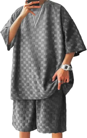 Men's Textured Casual Set, Loose Short Sleeve & Drawstring Shorts