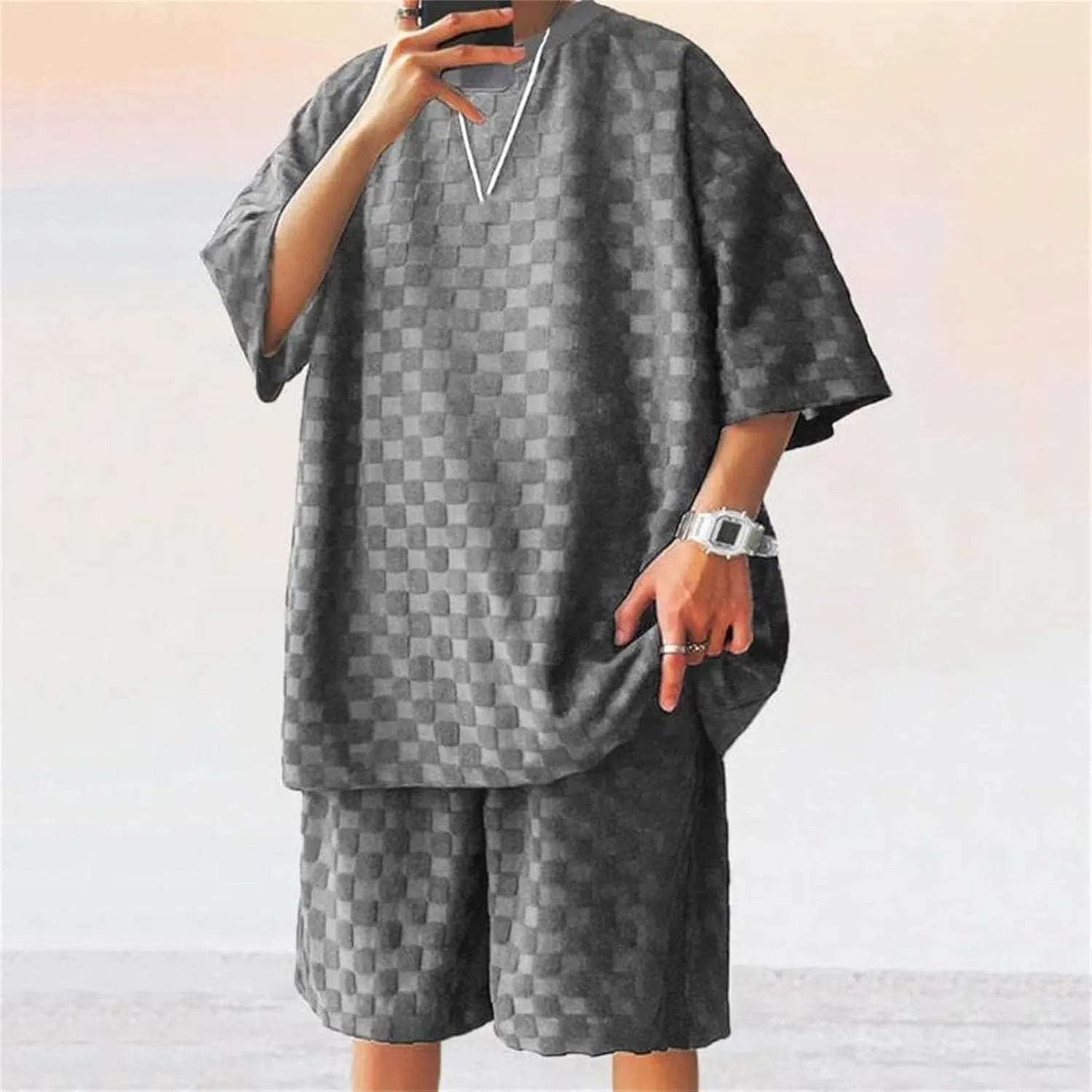 Men's Textured Casual Set, Loose Short Sleeve & Drawstring Shorts