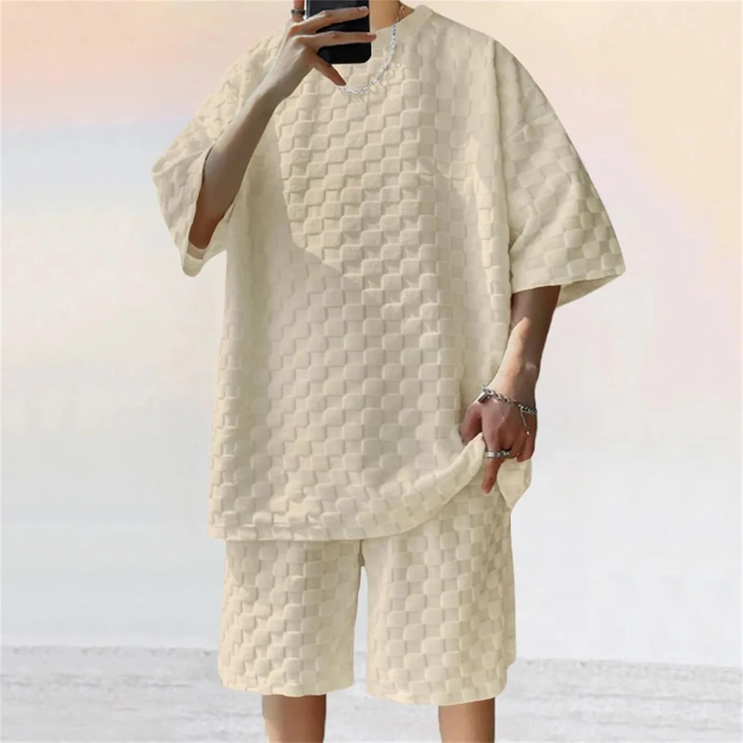 Men's Textured Casual Set, Loose Short Sleeve & Drawstring Shorts