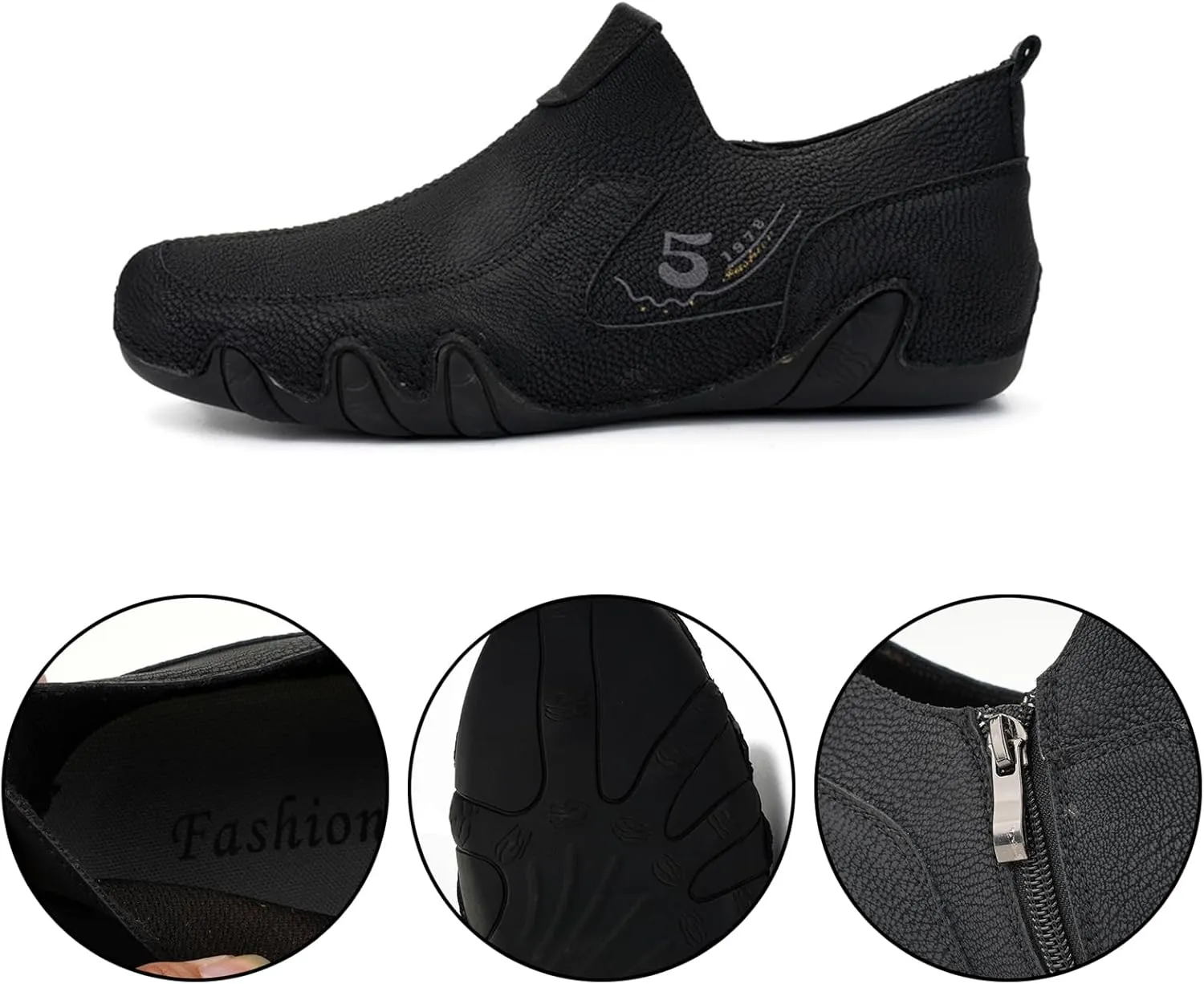 Men's Vintage Leather Moccasins Slip-On Loafers,Comfortable Non-Slip Side Zip Breathable Walking Driving Shoes,Outdoor Lightweight Casual Sneakers