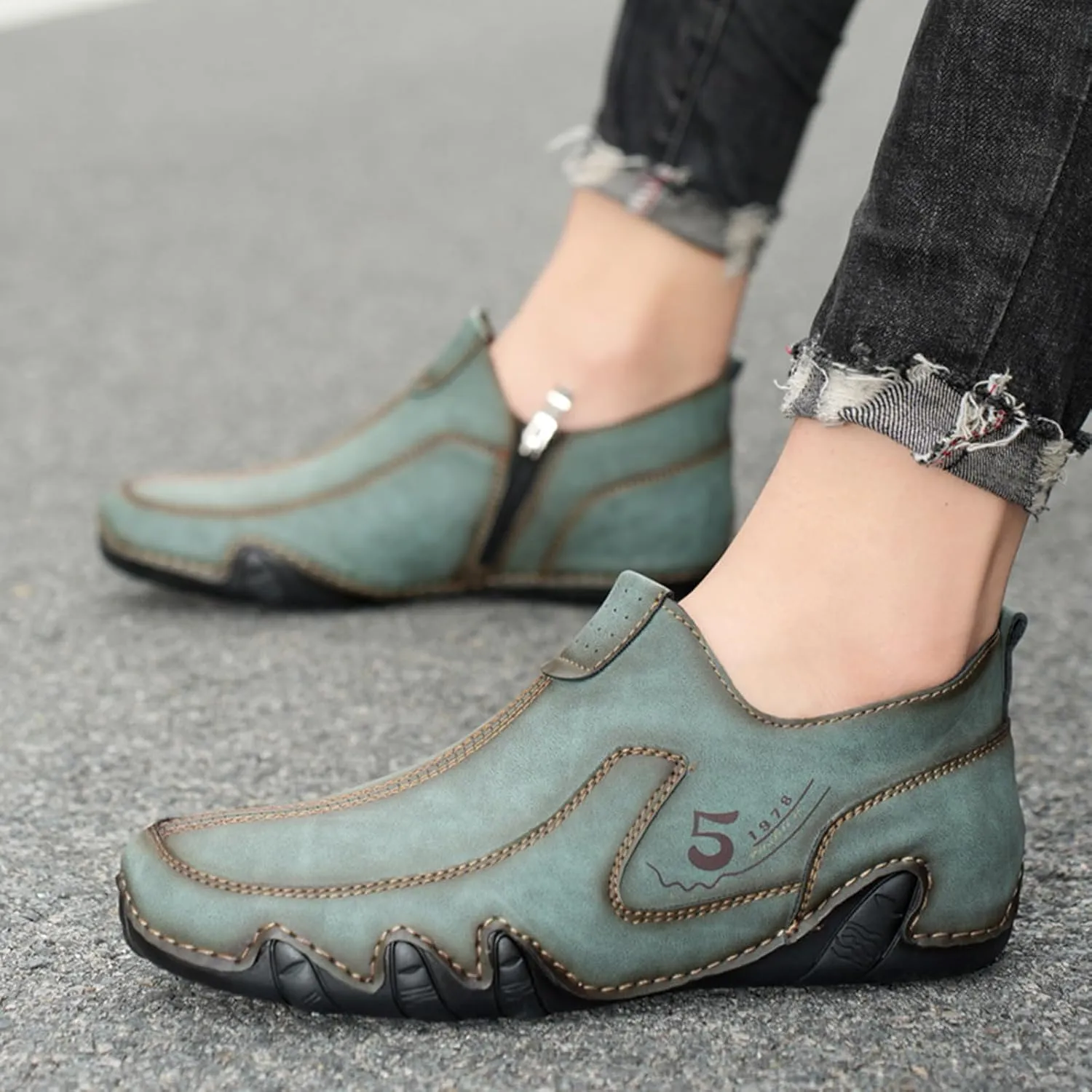 Men's Vintage Leather Moccasins Slip-On Loafers,Comfortable Non-Slip Side Zip Breathable Walking Driving Shoes,Outdoor Lightweight Casual Sneakers