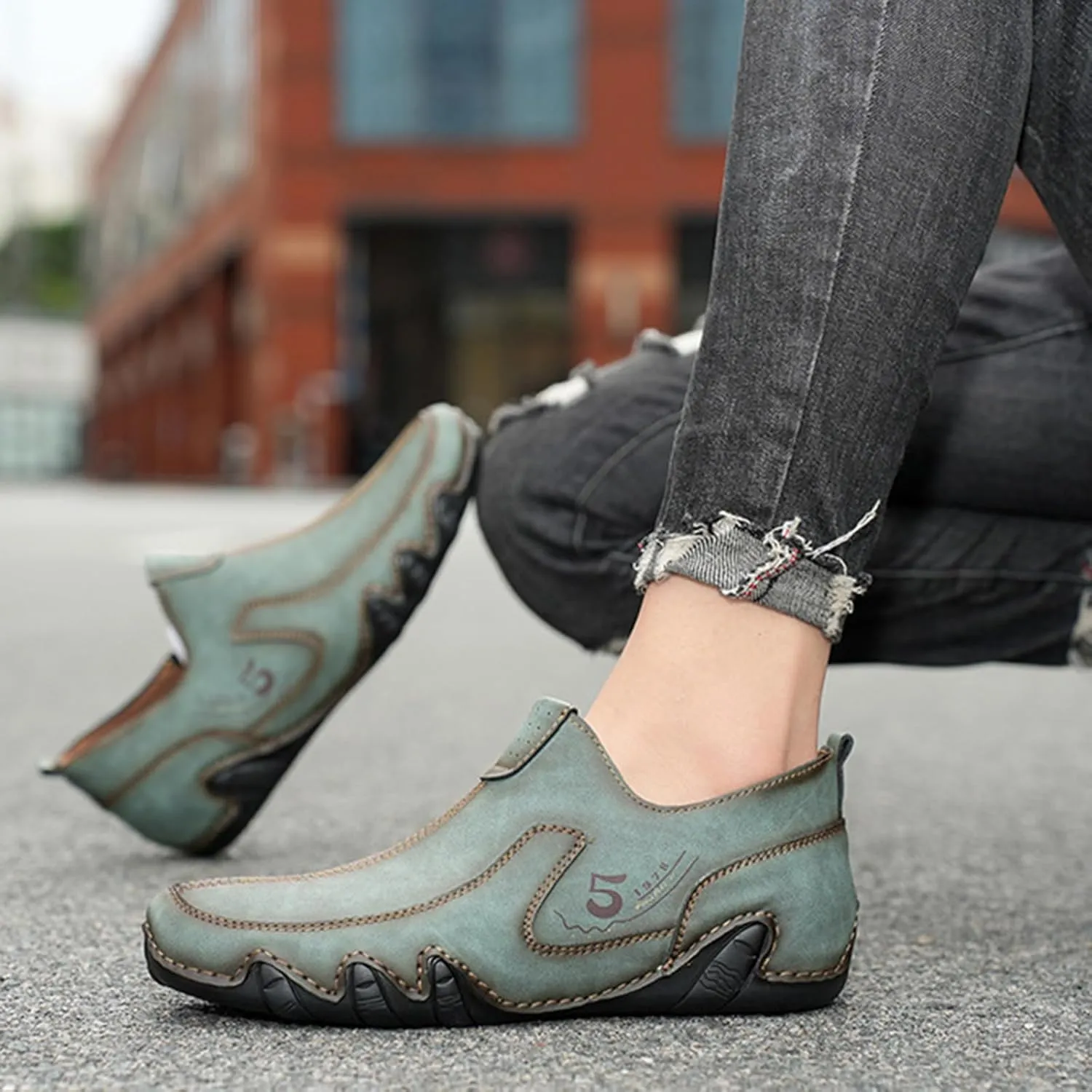 Men's Vintage Leather Moccasins Slip-On Loafers,Comfortable Non-Slip Side Zip Breathable Walking Driving Shoes,Outdoor Lightweight Casual Sneakers