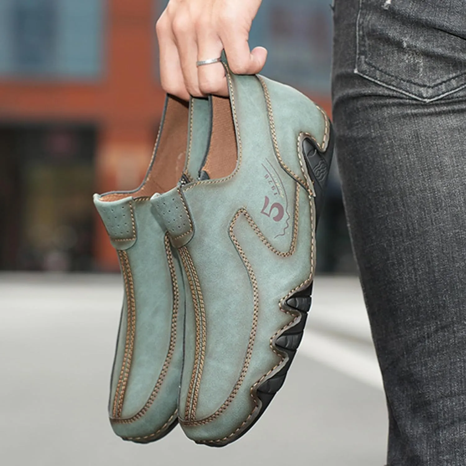 Men's Vintage Leather Moccasins Slip-On Loafers,Comfortable Non-Slip Side Zip Breathable Walking Driving Shoes,Outdoor Lightweight Casual Sneakers