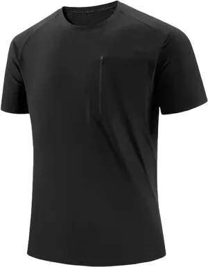 Men's Workout Running Shirts Causal Short Sleeve Crewneck Athletic T-Shirts Quick Dry Gym Shirts with Zipper Pockets