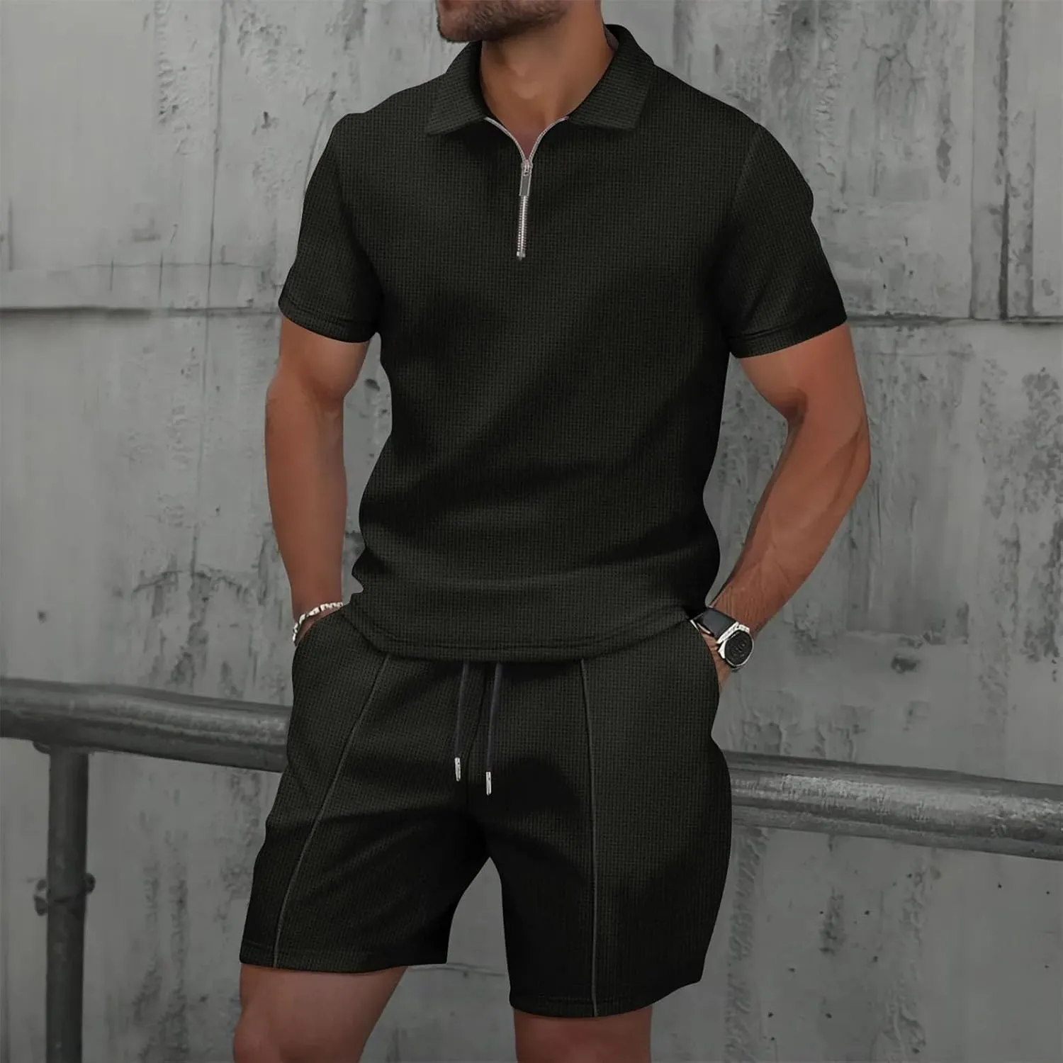 Men's Zip-Up Lapel Set, Waffle Fabric Short Sleeve & Shorts