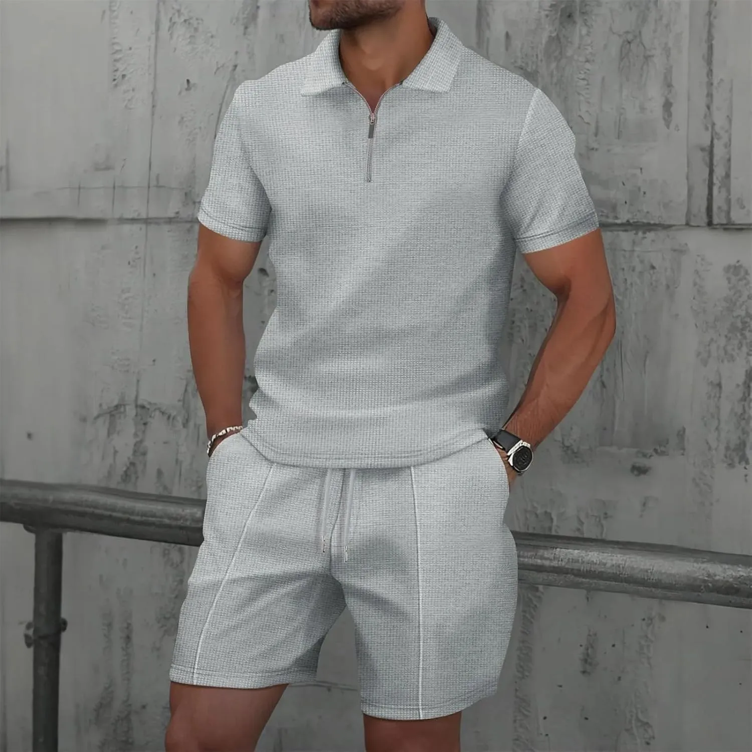 Men's Zip-Up Lapel Set, Waffle Fabric Short Sleeve & Shorts