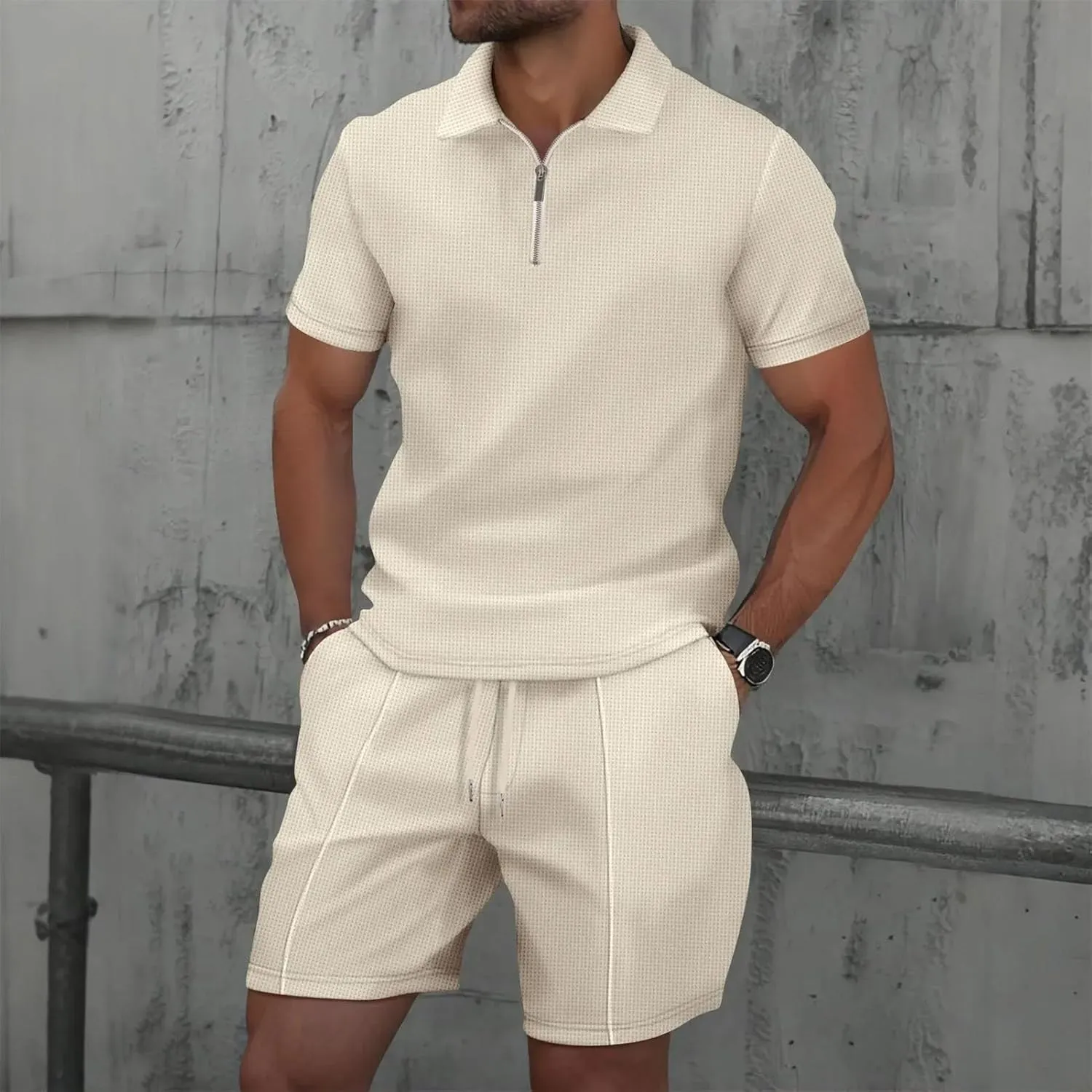 Men's Zip-Up Lapel Set, Waffle Fabric Short Sleeve & Shorts