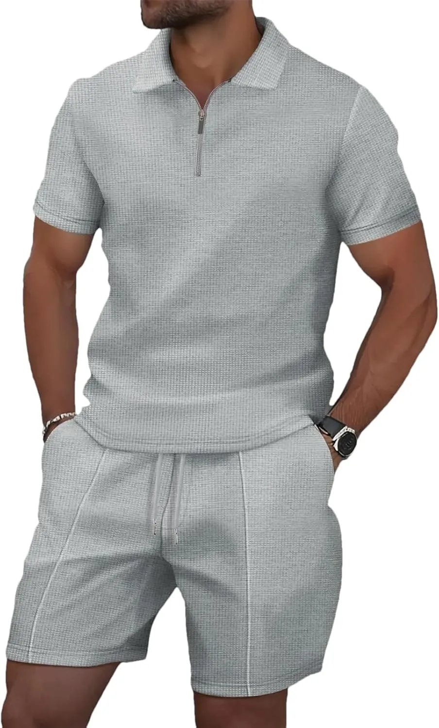 Men's Zip-Up Lapel Set, Waffle Fabric Short Sleeve & Shorts