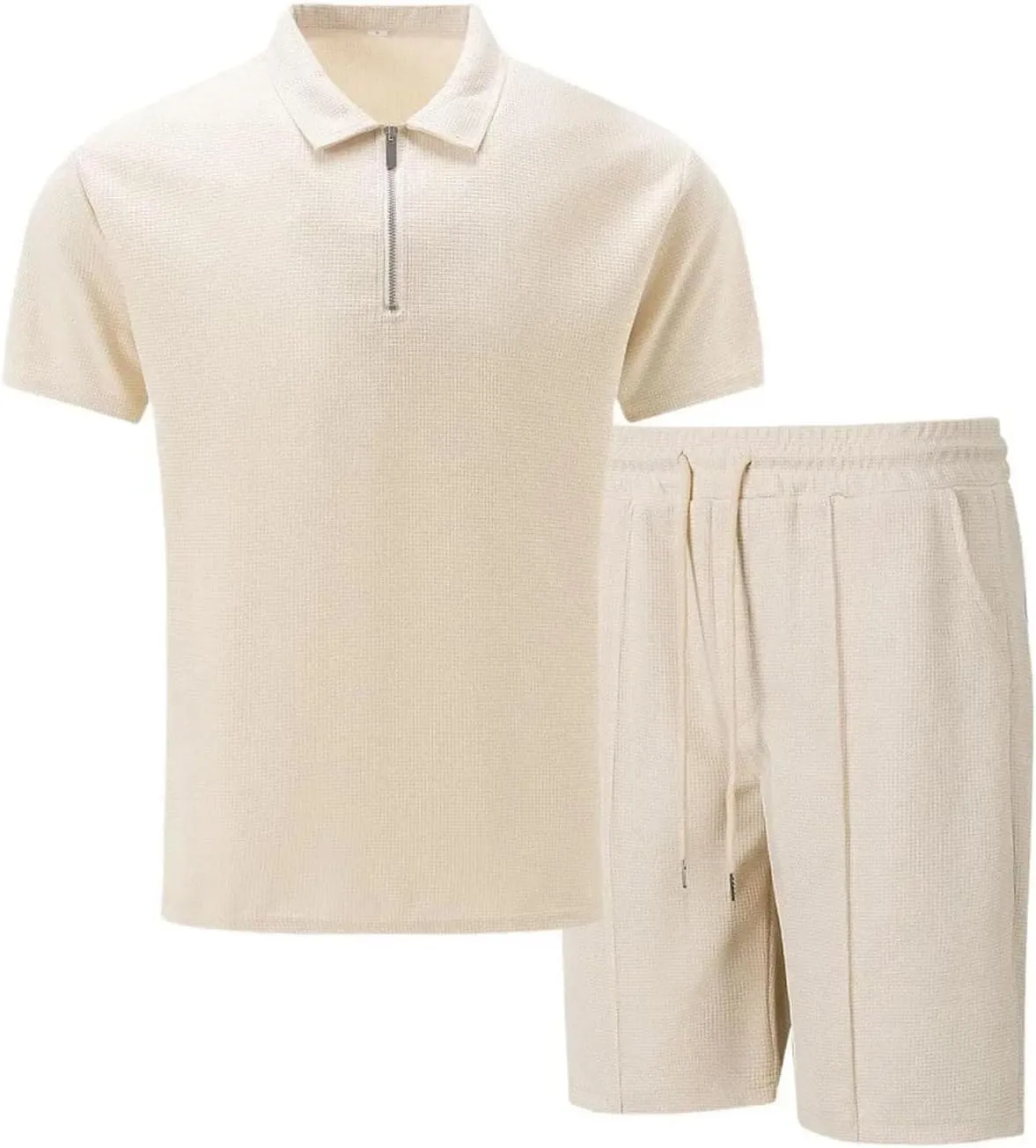 Men's Zip-Up Lapel Set, Waffle Fabric Short Sleeve & Shorts