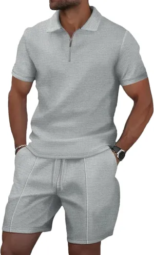 Men's Zip-Up Lapel Set, Waffle Fabric Short Sleeve & Shorts