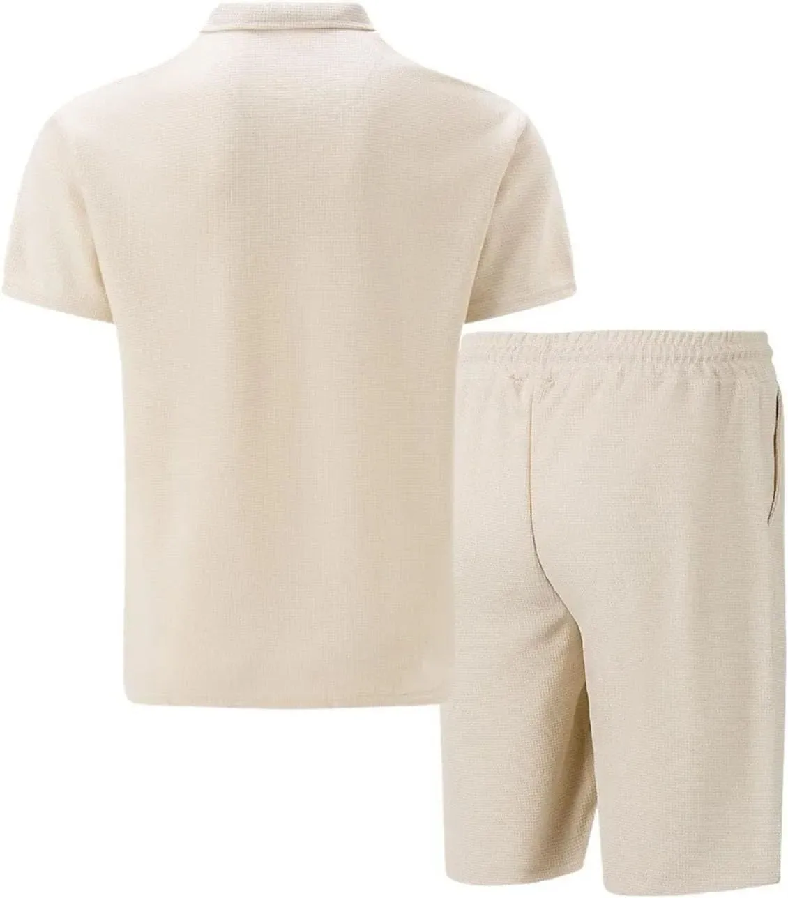 Men's Zip-Up Lapel Set, Waffle Fabric Short Sleeve & Shorts